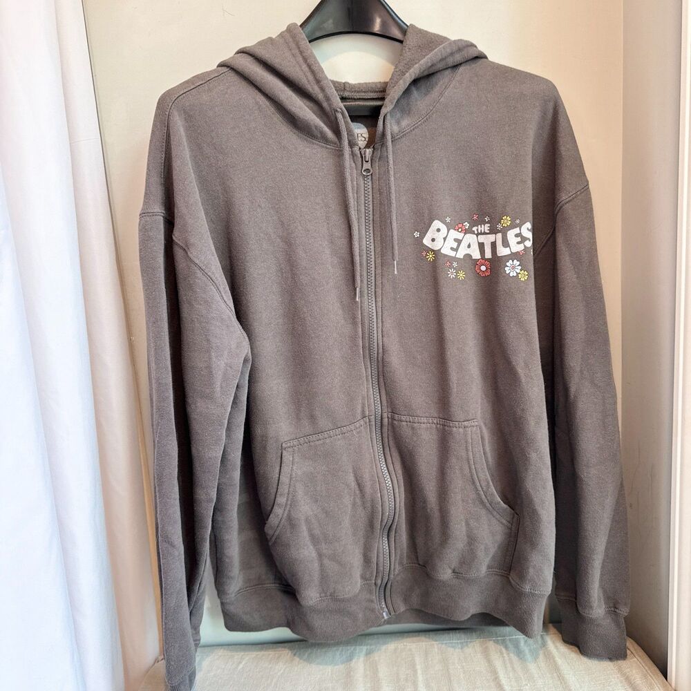 Beatles Floral Graphic Zip Front Hoodie Sweatshirt Womens L Gray